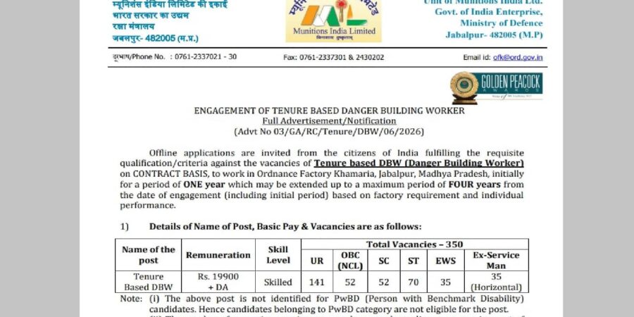 Ordnance Factory Khamaria Recruitment 2026: डेंजर बिल्डिंग वर्कर के 350 पदों पर भर्ती का मौका, बिना परीक्षा के सिर्फ मेरिट के आधार पर होगी भर्ती